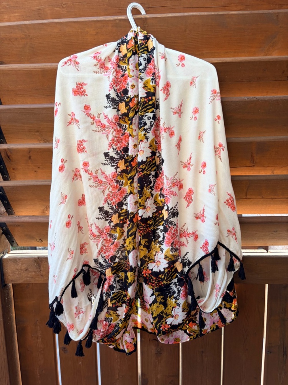 Free People Cream Floral Tassel Wrap with Black, Pink & Yellow Accents